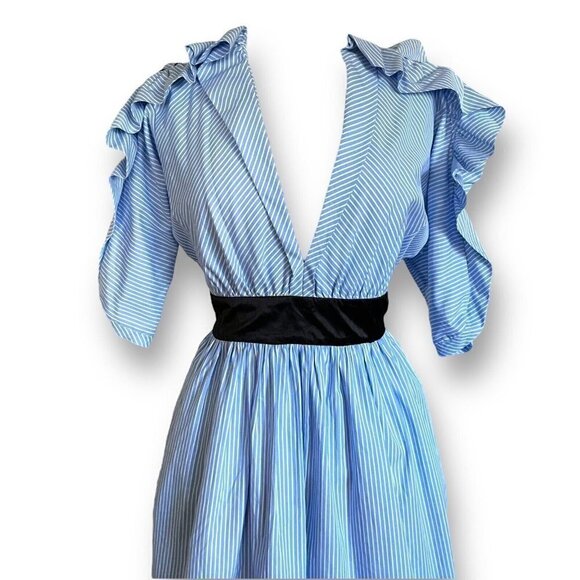 Manoush Womens Dress Sz 42 US 10 Blue White Stripe Ruffle Sleeve Plunge Neckline - Picture 2 of 11